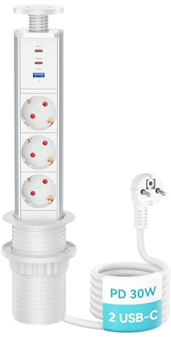 Airmom 3-vägs infällbart uttag med 2 USB-C PD 20 W och USB A, inbyggt uttag kök vit för bänkskiva kontor kök verkstad, 1,8 kabel Ø 60 mm