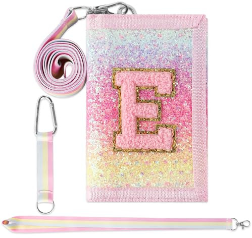 GmeDhc Portefeuille pour Enfant Lettres de A à Z, Porte Monnaie Enfant Pliable avec Mousqueton, Lanière de Cou, pour Filles