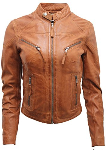 Infinity Leather Veste de Motard en Cuir Marron Pour Femmes