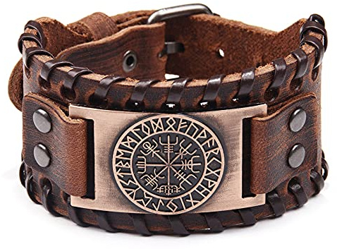 Thajaling Brown Viking Bracelet - Adjustable Cuff Bangle Wristband with Vegvisir Compass Norse Amulet - Celtic Pagan Jewelry of Talisman