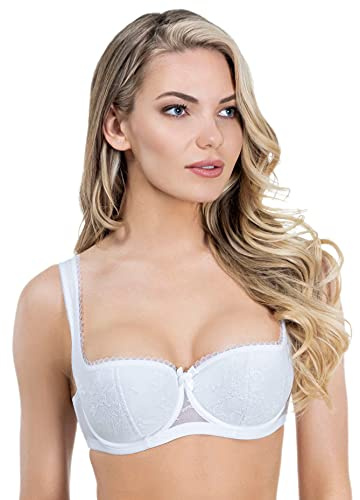Rosme Women's Balconette Bra with Push Up Effect – Plus Size Sexy Lace Demi Half Cup Bra – Lightly Padded Underwired Low Cut Mesh Design Eliza, White, Size 36C