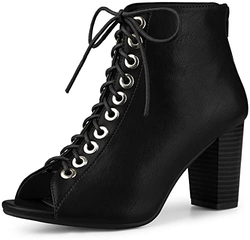 Allegra K Women's Peep Toe Lace Up Chunky Heeled Black Ankle Booties - 8 M US