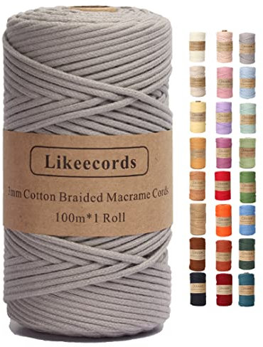 Likeecords makramégarn, flätat 3 mm x 100 m, 100 % naturligt bomullssnöre, makramérep, färgglada pysselrep av bomull för väskor, vägghängningar, växthängare (grå)