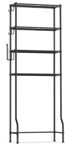 SONGMICS 4-stöckiges Toilettenregal, Badezimmerregal, Waschmaschinenregal, verstellbare Ablagen, mit Haken, Toilettenpapierhalter, platzsparend, 30 x 63 x 176 cm, schwarz BTS013B01