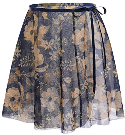 Damen M?dchen Ballettrock Wickelrock Blumenmuster Mesh Tanz Rock Verstellbare Taille Krawatten Gymnastik R?cke Prinzessin Minirock Tanzbekleidung Tanzr?cke Dancewear Party Kost?m Dunkelblau L-XL