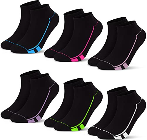 L&K-II 12 paia di Calzini da Donna Sportivi Calzini per il tempo libero Calzini da ragazza Cotone Estate Nero con Strisce Colorate 2158 35 38