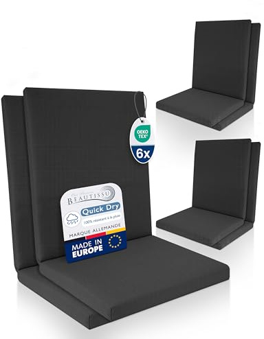 Beautissu 6er Set Premium Niedriglehner Auflage 100% Wasserdicht 100x50cm – UV-beständig Bequem Pflegeleicht Waschbar Sitzkissen Gartenstuhl – Polsterauflage Gartenmöbel Stuhlauflage Anthrazit
