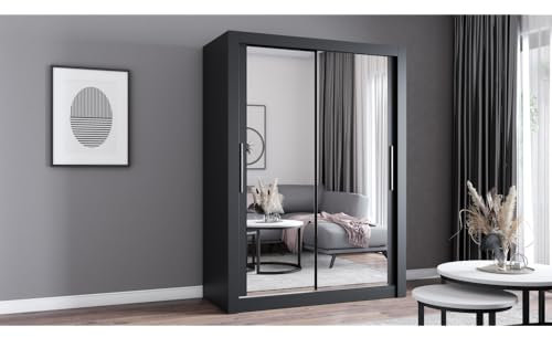 Fabryka Mebli Idźczak Kleiderschrank mit Spiegel - Schwebetürenschrank - Schlafzimmerschrank - 64 x 150 x 215 cm - Wohnzimmerschrank - Garderobenschrank, schwarzer Schrank mit Zwei Türen, modern