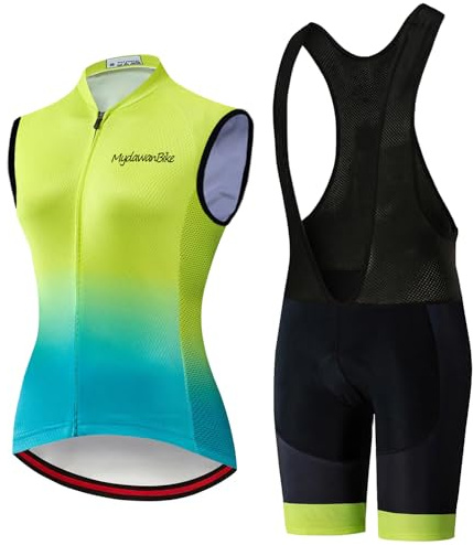 Conjunto Ropa Ciclismo Mujer Verano Maillot Ciclista,Traje Bici MTB Sin Mangas Chaleco Ciclo y Culotte Tirantes con 19D Gel Acolchado,Completa Bicicleta Jerseys Transpirable Secado Ráido(16,L)