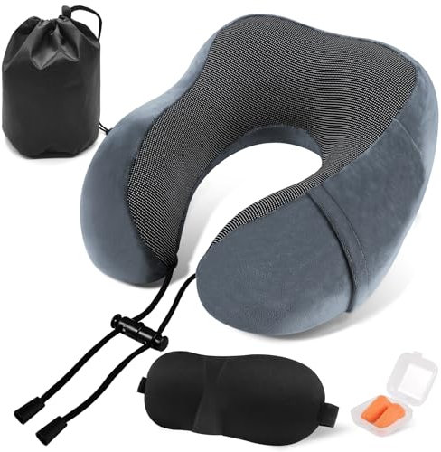 ARTREE Nackenkissen Flugzeug Reisekissen Memory Foam Nackenhörnchen Erwachsene mit Ohrstöpseln Augenmaske und Tragetasche, Weich Atmungsaktiv Nackenkissen Auto Ideal für Reisen Camping Büro