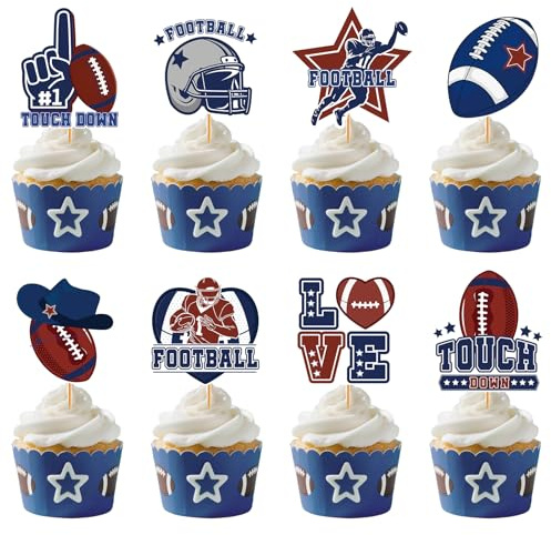 Hokinaa Cowboy Football Birthday Decorations - 40 Pcs Blue American Rugby Cowboy Cupcake Toppers Picks, Game Day Sports Theme Happy Birthday Party Supplies, Photo Background Decor for Boys Men