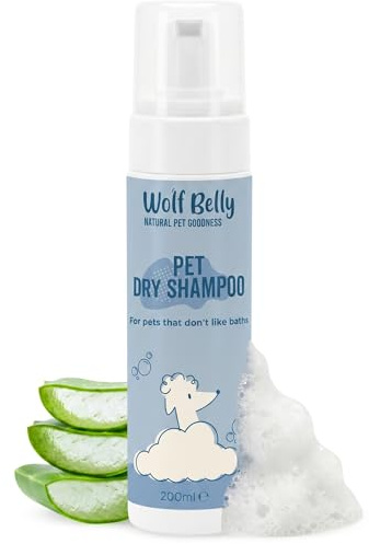 Wolf Belly - Shampoing Sec Chiens et Chats (200 ML) Mousse sans Rinçage | Soins de la Peau à l'Aloe Vera | Élimine Saletés et Odeurs | Facile à Utiliser au Quotidien - Fabriqué en Europe