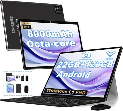 BIEGEDY Tablet Android Tablet 10 Pulgadas,22GB RAM + 128GB ROM (TF 1TB), 8000mAh / Octa-Core 2.0 GHz/5G+2.4G Dual Band WiFi 6 /Widevine L1 / GMS / 5MP+8MP / BT5.0 / GPS, con Teclado y Raton Negro