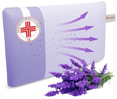 BELTALIA Cuscino Cervicale Memory Foam Aromaterapico – Dispositivo Medico Classe 1 Detraibile – Traspirante con Fori Surround – Fodera Jersey – Made in Italy - (Lavanda Jersey, 73x43 H14)