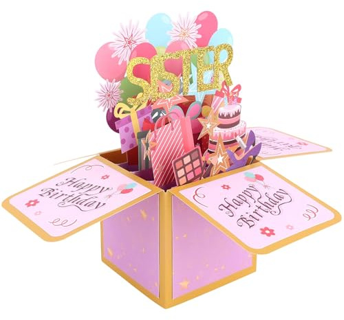 Pop Up-Kort för Grattis på Födelsedagen till Syster, Rosa Personligt 3D-Födelsedagskort med Kuvert Kreativ Presentidé till Syster