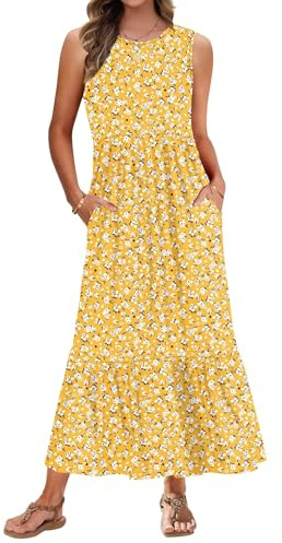 AUSELILY Summer Dresses for Women UK Sleeveless Maxi Ladies Beach Coverups Sun Dresses Tiered Long Dress with Pockets Yellow Floral XL