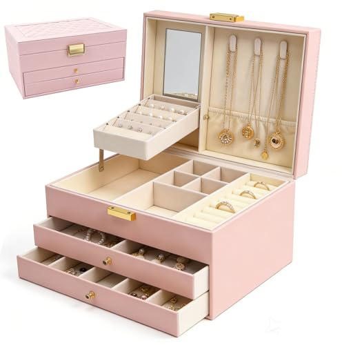 Lumcoyee Jewellery Box for Women, 3-Tier Large Jewellery Organiser with 2 Drawers and Jewellery Tray, Jewellery Storage Case for Necklaces Earrings Bracelets Rings (Pink)