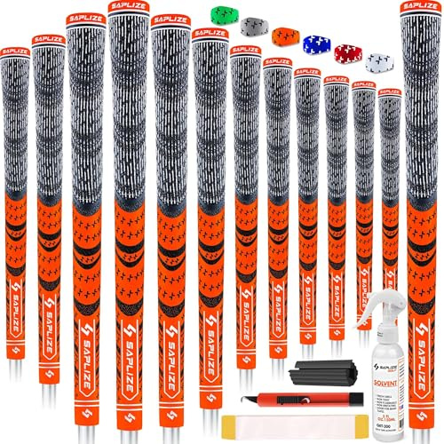 SAPLIZE Puños de golf de 13 piezas con kit de regripping completo, tamaño estándar, goma de cordón, puños de club de golf híbridos, naranja fluorescente