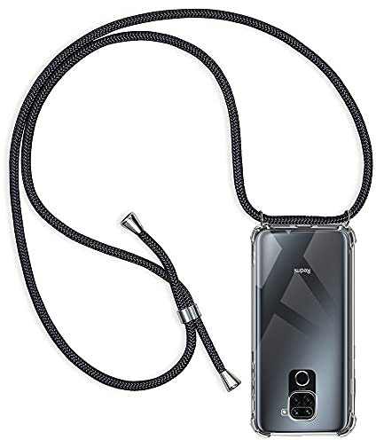 Funda para Xiaomi Redmi Note 9 con Cuerda, Carcasa Transparente TPU Suave Silicona Case con Correa Colgante Ajustable Collar Correa de Cuello Cadena Cordón Anti-Choque Case, Negro