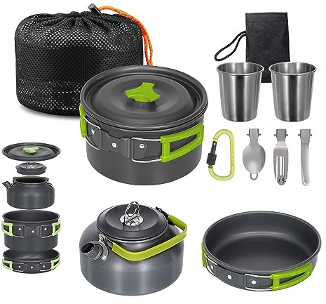 Lixada Camping Kochgeschirr Set Leichte Camping Topf Aluminium Pan Kettle Cups Löffel Gabel Cutter für Picknick Wandern Kochen Camping 2-3 Personen