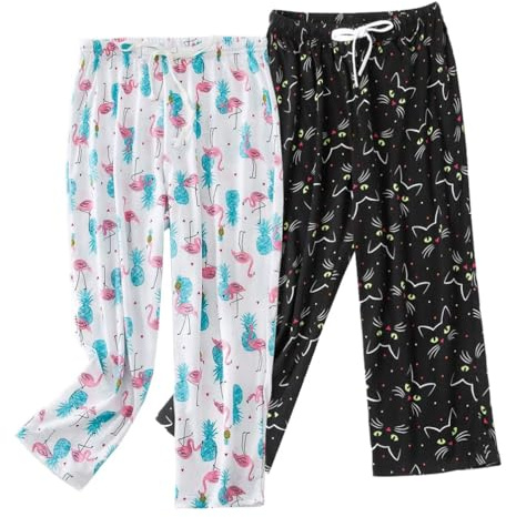ENJOYNIGHT Pantalon de pyjama pour femme 3/4 long en coton avec cordon de serrage, XXL