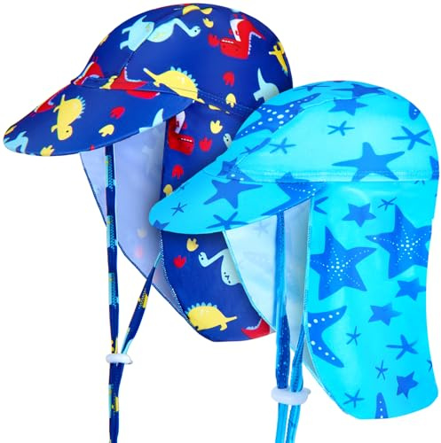 SATINIOR 2 Pcs Baby Toddler Sun Hat Baby Swim Hat UPF 50+ Summer Cap with Strap Adjustable Flap Sun Protection Beach Hat for 1-7 Years (Starfish, Dinosaur)