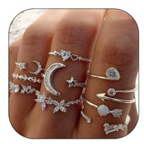 CSIYANJRY99 Silver Rings for Women Gifts Trendy Stuff Boho Stackable Star Moon Flower Silver Ring Set for Teens Vintage Crystal Knuckle Stacking Rings Christmas Gifts Stocking Stuffers