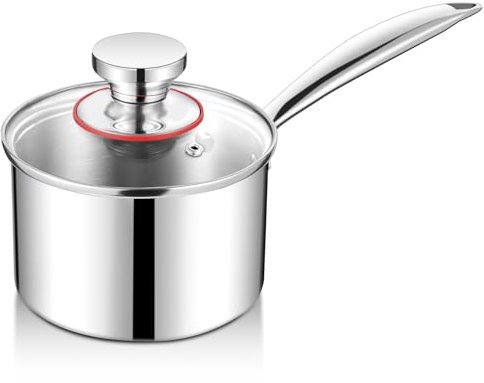 Homikit 14cm Saucepan, Tri-Ply Stainless Steel Milk Pan with Glass Lid, Small Kitchen Sauce Pot for Induction Cooking, Healthy & Easy Clean - 1 L