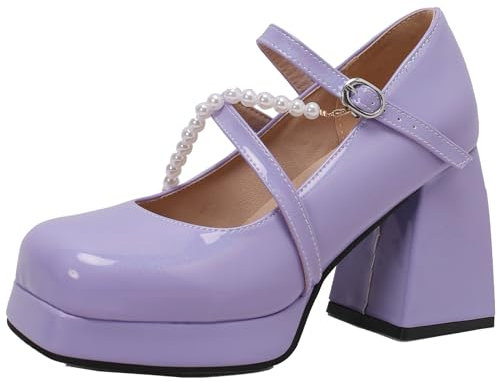 XINXINIO Mary Jane Scarpe da donna con tacco Grosso décolleté con perline, Lilla, 38 EU