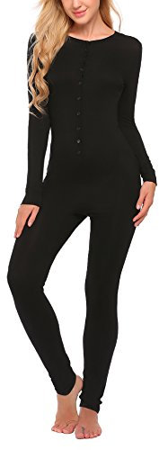 Ekouaer Damen Jumpsuit Ganzkörperanzug Schlafoveralls Einteiler Hausanzug Eng Sexy Schlafanzug, Schwarz, S