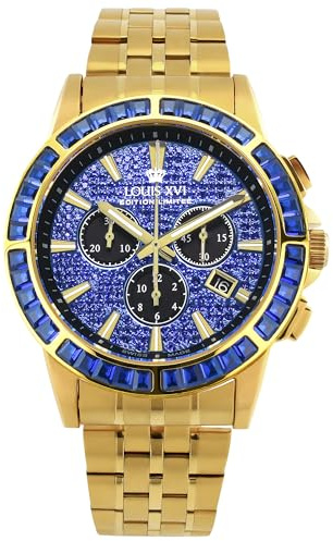 LOUIS XVI Majesté Iced Out 1132 – Ø 43 mm – herrklocka – vattentät – med safirglas – armband guld – urtavla CZ-diamanter blå – schweizisk kvartsrörelse, Guld, Armband