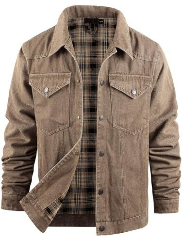 Mr.Stream Chaqueta vaquera de mezclilla estilo camionero para hombre, chaqueta vaquera occidental con forro de franela a cuadros, lavada con broches, estilo vintage, marrón, L