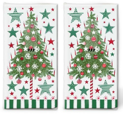 20 einzelne Taschentücher Weihnachten Dekorierter Weihnachtsbaum. 2 Packungen mit 10 einzelnen Papiertaschentücher bedruckt als Geschenk.