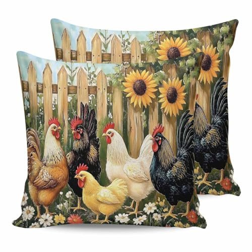 Outdoor Waterproof Pillow Covers for Patio Furniture Rooster Chicken Sunflower Decorative Throw Pillow Covers Fence Plant Pillowcases Set of 2 Cushion Case for Sofa Couch Chair Home Decor 16x16 inch