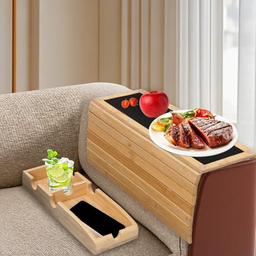EULEUY Bandeja para reposabrazos de sofá Hecha de bambú Natural, bandejas Brazos de Sofa Plegable magnética, Bandeja para reposabrazos de sofá Antideslizante, Sofa para con portavasos para