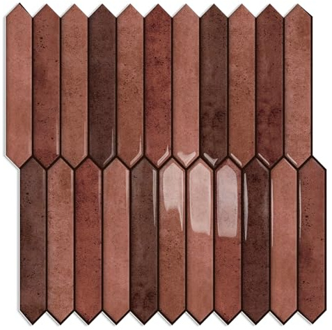 10 Sheet Long Hexagon Peel and Stick Backsplash Tile, 12x12 3D Adhesive Glossy Marble Vinyl Stick on Wall Tiles for Bathroom, Kitchen, Living Room (Brown, 12 x 12)