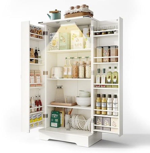 Armario de cocina de 128,5 cm, armario de almacenamiento para granja – Armario de comedor LED con 2 puertas batientes y estantes ajustables para espacios pequeños en el comedor o sala de estar