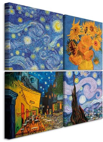 murando - Set di 4 Quadri Fonoassorbenti Vincent van Gogh Notte Stellata e Girasoli 80x80 cm Ciascuno delle Dimensioni di 40x40 cm 4 Pezzi - Quadro Acustico Stampa su Tela Camerretta l-B-0002-b-i