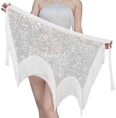 SEAUR Belly Dance Hip Scarf Women's Sparkly Sequin Fringe Adjustable Latin Dance Skirt Tassel Performance Waist Chain for Festival Rave White