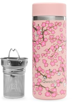 Qwetch - Théière Isotherme Nomade 400ml - Infuseur avec 2 Filtres - 12h Chaud / 24h Froid - Étanche, Réutilisable & Durable - Pour Thé, Café, Tisane, Fruits (Flowers Rose)