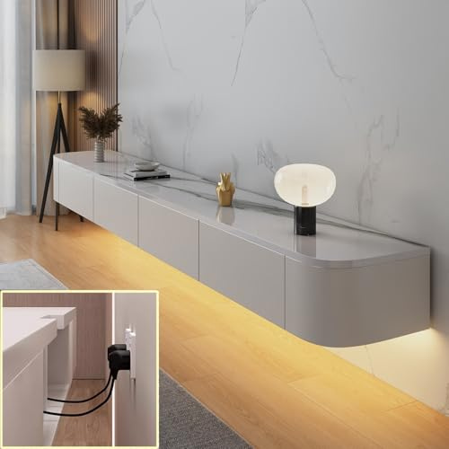 XDXINY TV-mediakonsol flytande TV-skåp väggmonterad TV-skåp flera stora förvaring TV-bänk under TV lågbräda med lådor routerfäste (vit rock + LED, 300 x 20 x 24 cm)