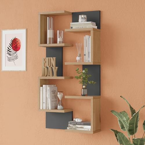 [en.casa] Juego de 2 Estanterías de Pared Omn En Forma de C 8 Estantes en Total Estantería Mural para Dormitorio Sala Oficina Aglomerado 93x24x15 cm - Efecto Madera/Antracita