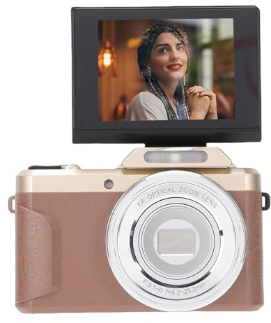 Oreilet 4K Digitalkamera, 64 MP HD-videokamera med 6X Optisk Zoom 12X Hybridzoom 2,8 Tum 180 Vändskärm WiFi APP-kontroll, för Nybörjarfotograferingsentusiaster (Brun)