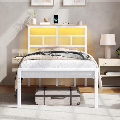 Yaheetech Single Metal Bed Frame with LED Lights Charging Station