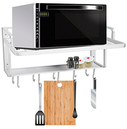 Mikrowellen-Halterung zur Wandmontage, 2 Etagen Aluminium Mikrowellenherd Rack Mikrowellenofen Wandregal Aufbewahrung mit 10 Haken für Küche, 55 x 38,5 x 25 cm