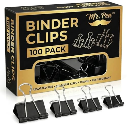 Mr. Pen- Binder Clips, 100 pcs, Assorted Sizes, Black Binder Paper Clips, Bulk Paper Clamps for Office Supplies, Home, School, Business, Document Organizing