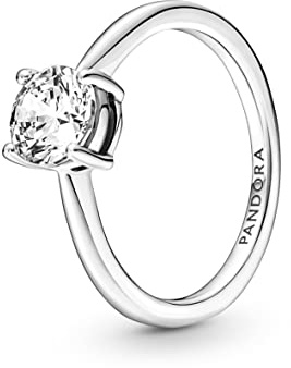 Pandora Timeless Anillo solitario centelleante de plata de ley con circonitas cúbicas transparentes, talla 56