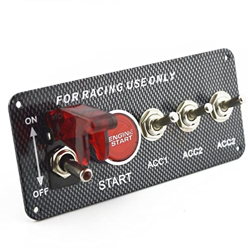 CENPEK DC 12V Panneau de commutateur d'allumage en Fiber de Carbone Voiture Moteur démarrage Bouton-Poussoir commutateur LED à Bascule 5 en 1 pour Voiture de Course