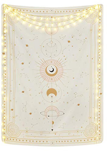 Yugarlibi Mondphasen Wandteppich Mysteriöser Konstellation Sternenhimmel Tarotkarten Wandbehang Ästhetische Retro Astrologie Wandkunst für Schlafzimmer Wohnzimmer Beige 150x130cm
