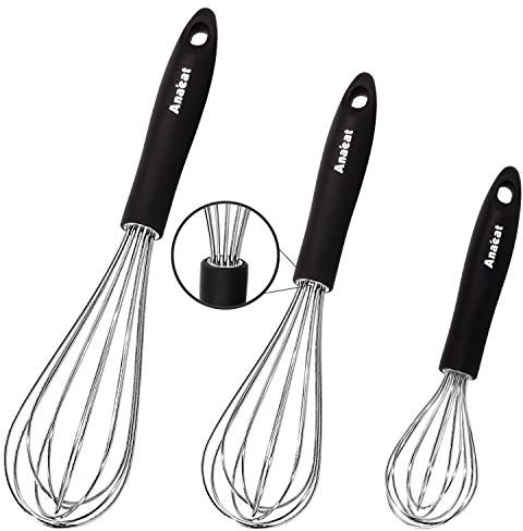 Anaeat Balloon Whisk Set of 3, Milk and Egg Beater Blender with Thick Stainless Steel Wire ＆ Strong Handles, Heat Resistant Kitchen Whisks for Whisking, Cooking, Baking, Beating, Frothing & Stirring